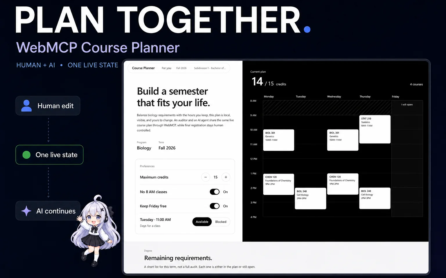 The WebMCP Course Planner — a human and an AI agent sharing one live course plan